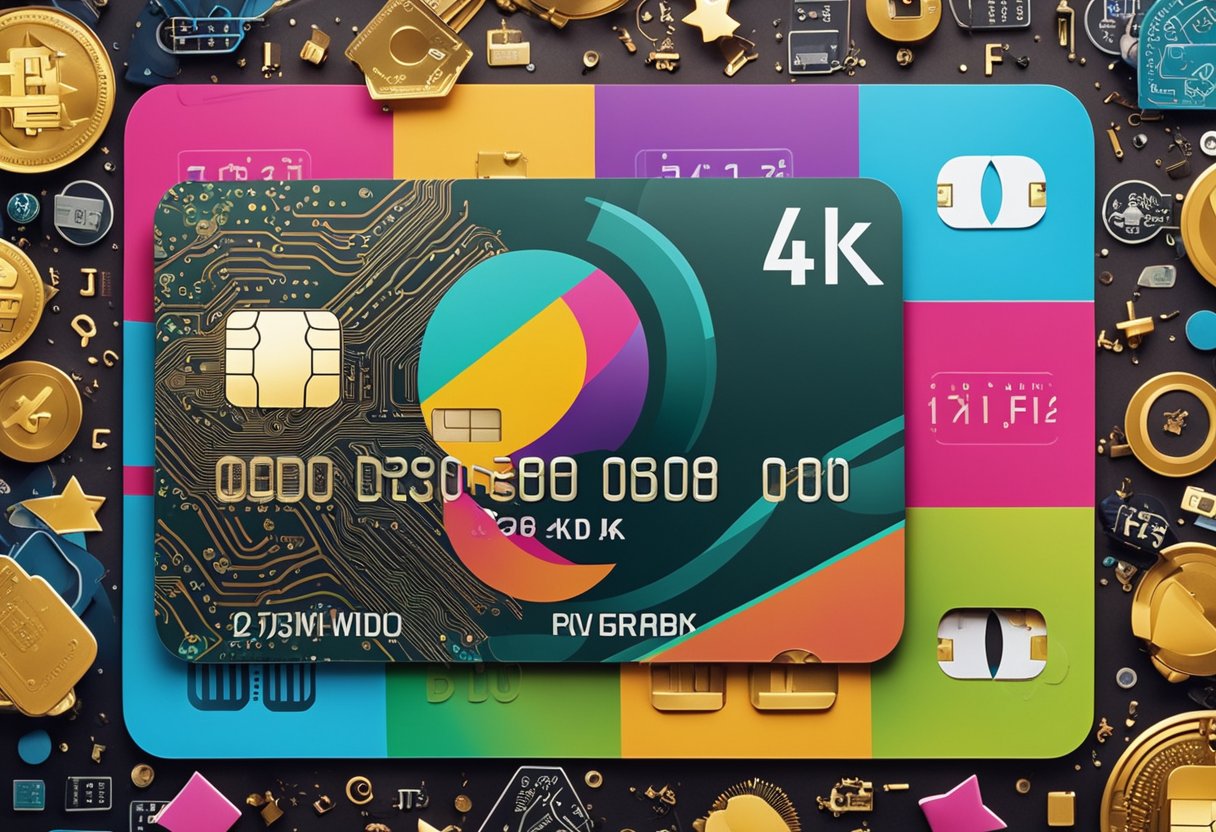 Um cartão Girabank colorido cercado por símbolos de transações de crédito e débito