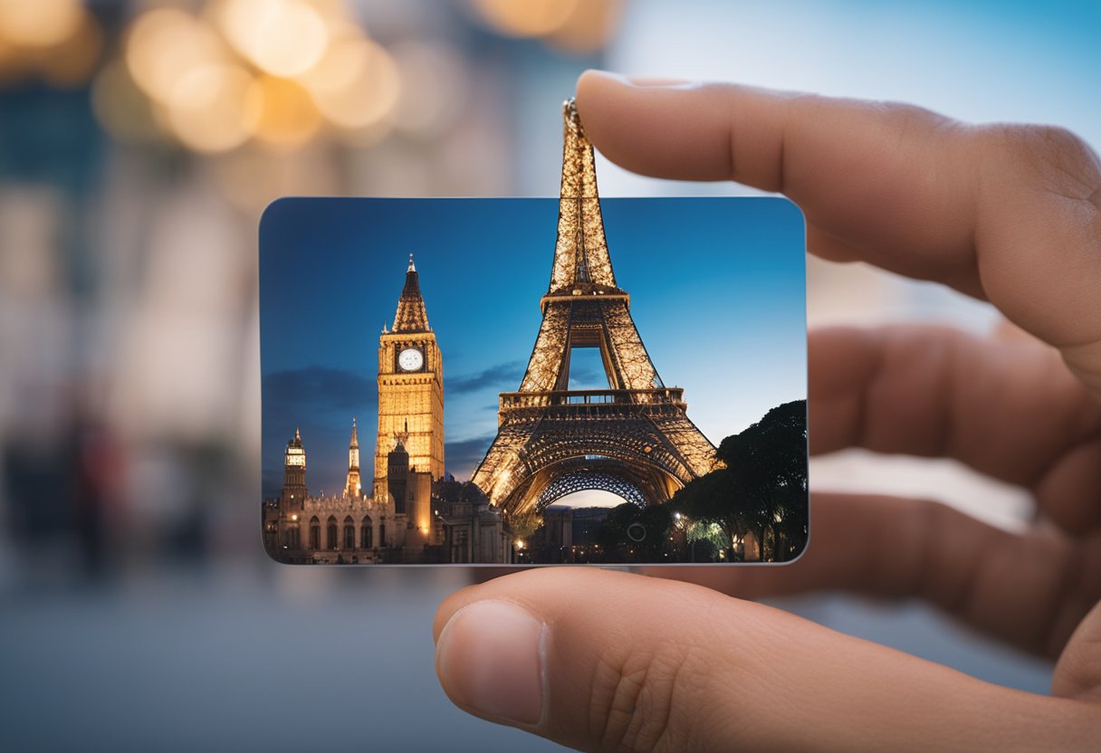 Uma mão segurando um Girabank Giracard com marcos globais ao fundo