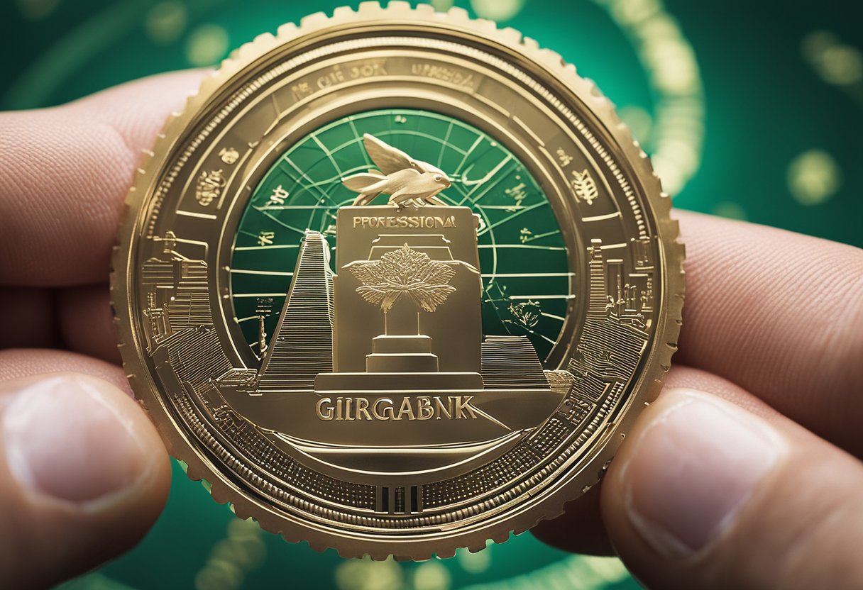 Uma mão segurando um GiraCard com o logo do GiraBank, cercada por pontos turísticos internacionais e moedas.