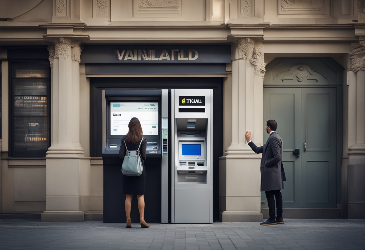 Uma pessoa frustrada parada em um caixa eletrônico, olhando para a tela com a mensagem "Cartão Inválido." A pessoa está gesticulando em direção à tela, pedindo ajuda a um funcionário do banco próximo.