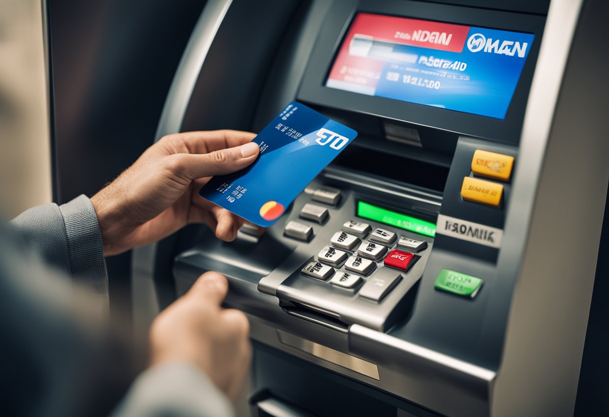 Uma pessoa tentando usar um cartão de crédito em um caixa eletrônico, com uma mensagem vermelha de "cartão inválido" na tela