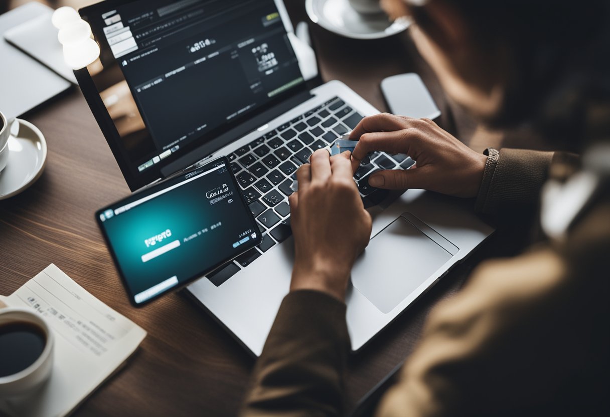 Uma pessoa sentada em uma mesa com um laptop, digitando e acessando o site do cartão de crédito Leader para baixar a fatura mensal.