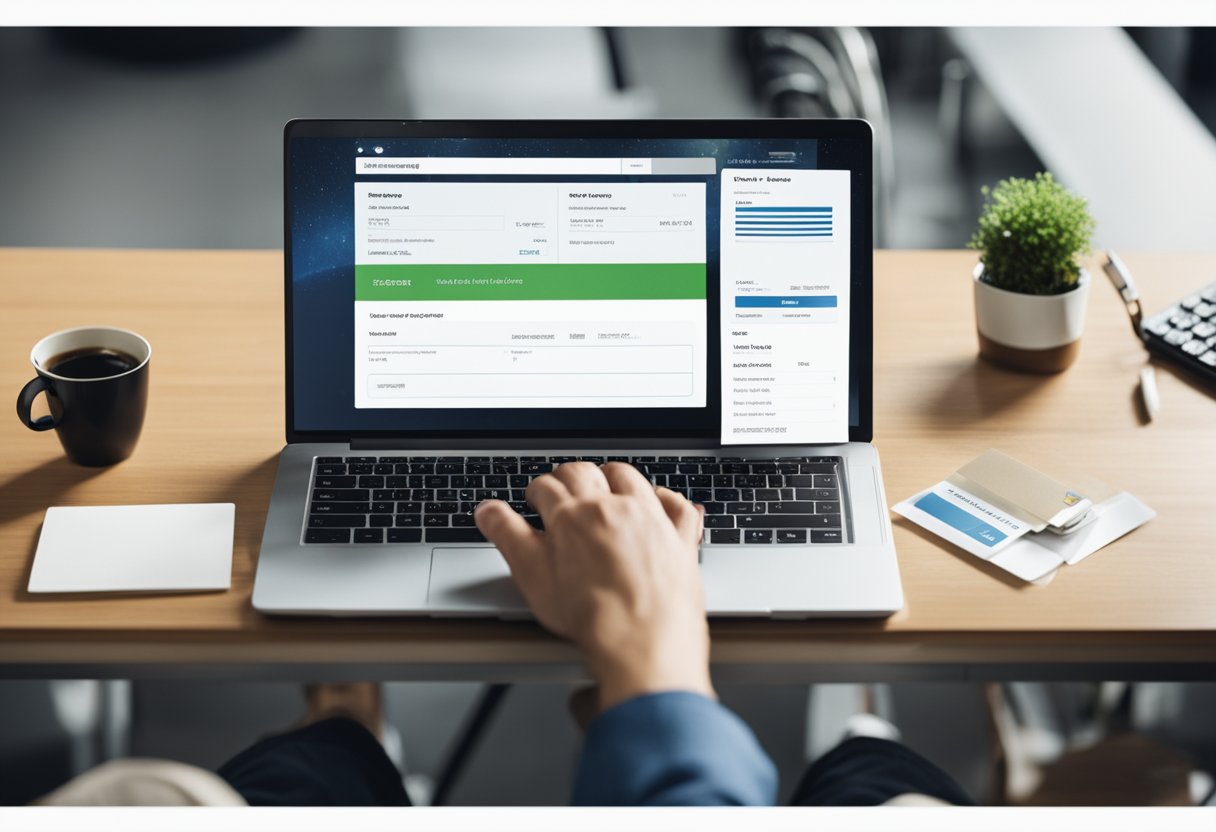 Uma pessoa sentada em uma mesa com um laptop, digitando no navegador da web para acessar o site do cartão de crédito Leader e navegar até a seção para emitir a fatura mensal.