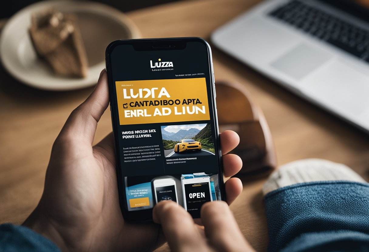 Uma mão segurando um smartphone com o aplicativo Magazine Luiza aberto, com um Cartão Magazine Luiza visível na tela