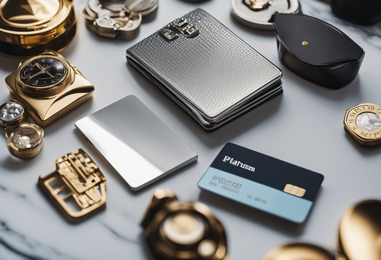 Um cartão de crédito Magazine Luiza em platina brilhante cercado por itens luxuosos