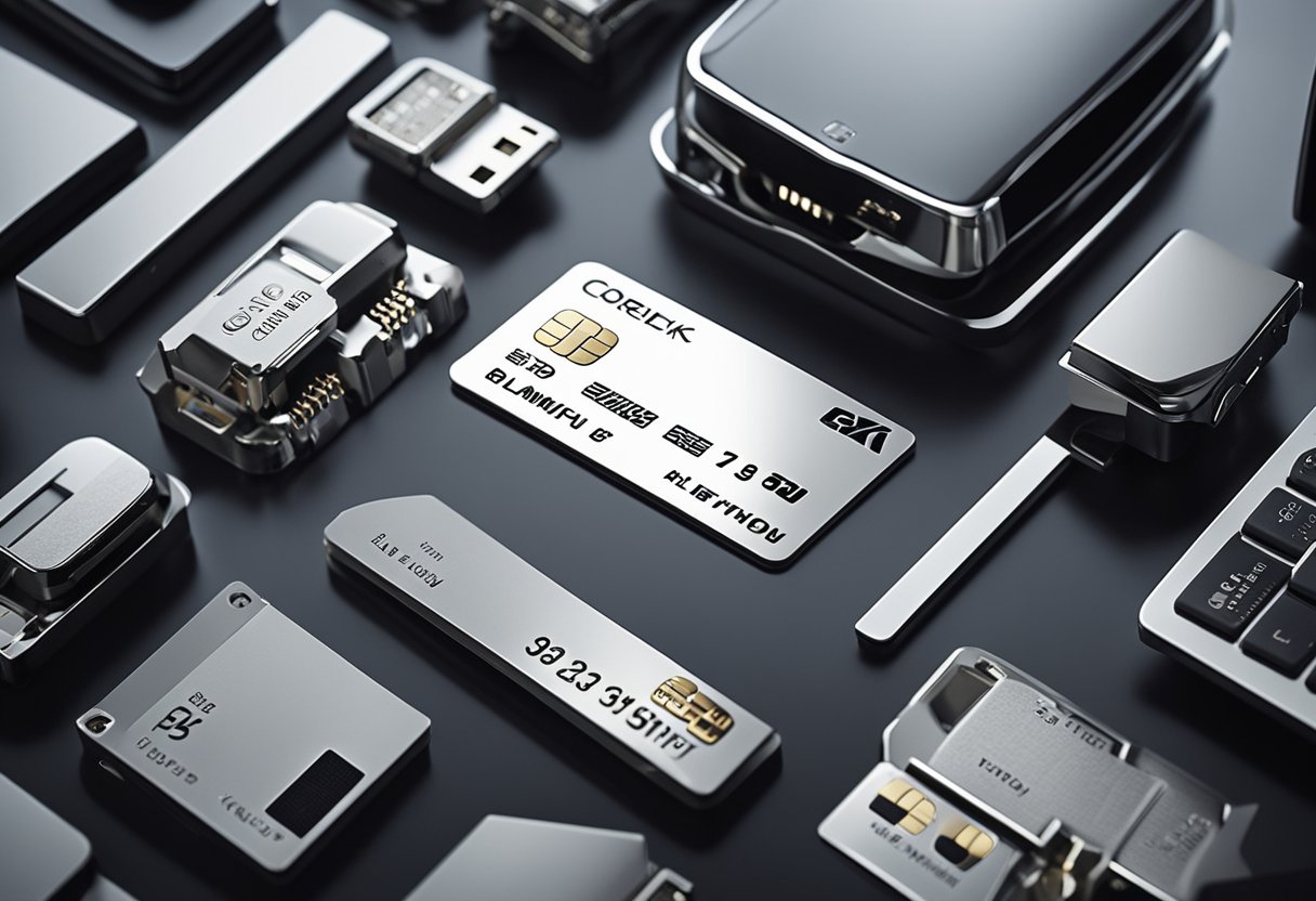 Um cartão de crédito de platina luxuoso cercado por dispositivos e eletrodomésticos eletrônicos elegantes e modernos