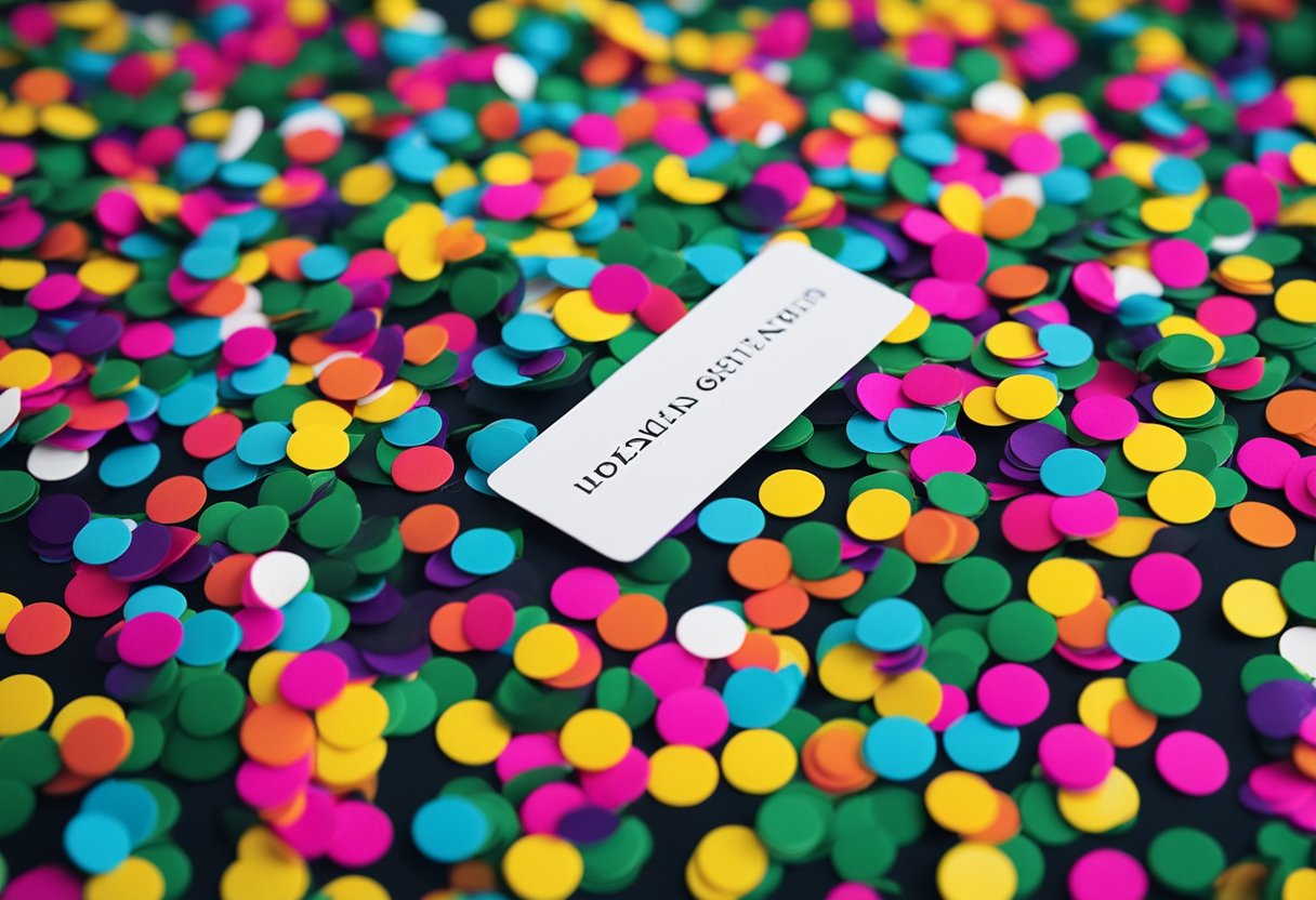 Um cartão-presente da revista Luiza vibrante e colorido cercado por confetes e serpentinas festivas