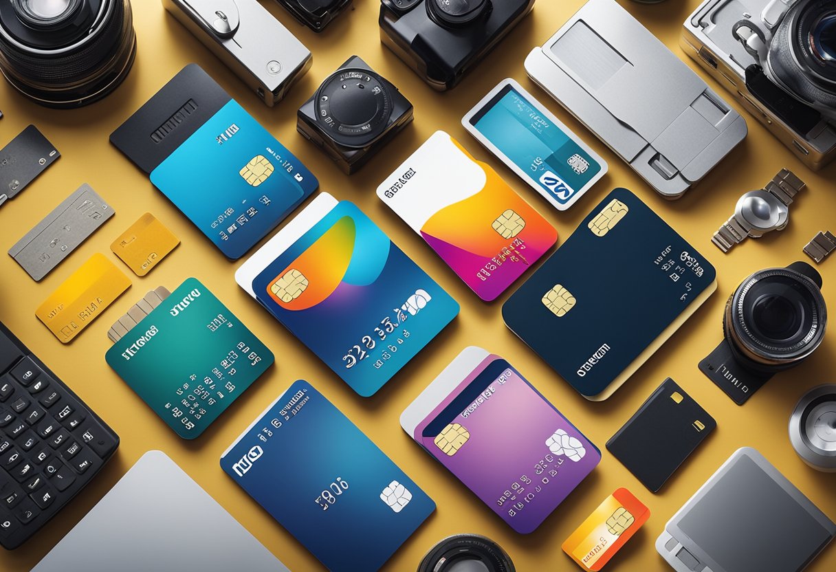 Um cartão de crédito colorido cercado por dispositivos eletrônicos e itens domésticos