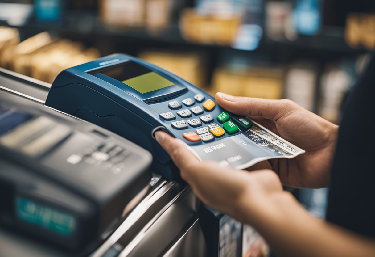 Uma pessoa usando um cartão de crédito da Magazine Luiza para fazer uma compra no caixa de uma loja