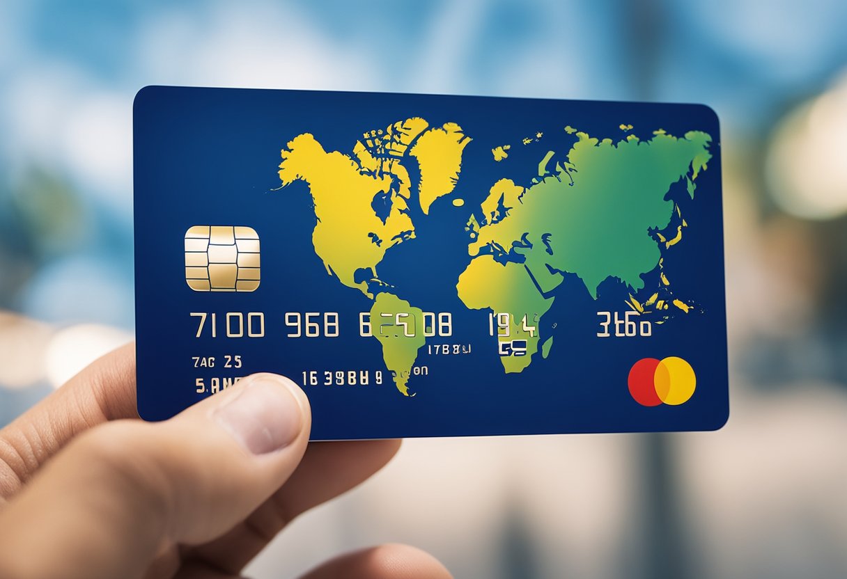 Uma mão segurando um cartão azul e amarelo do Mercado Pago com símbolos de globo e cartão de crédito