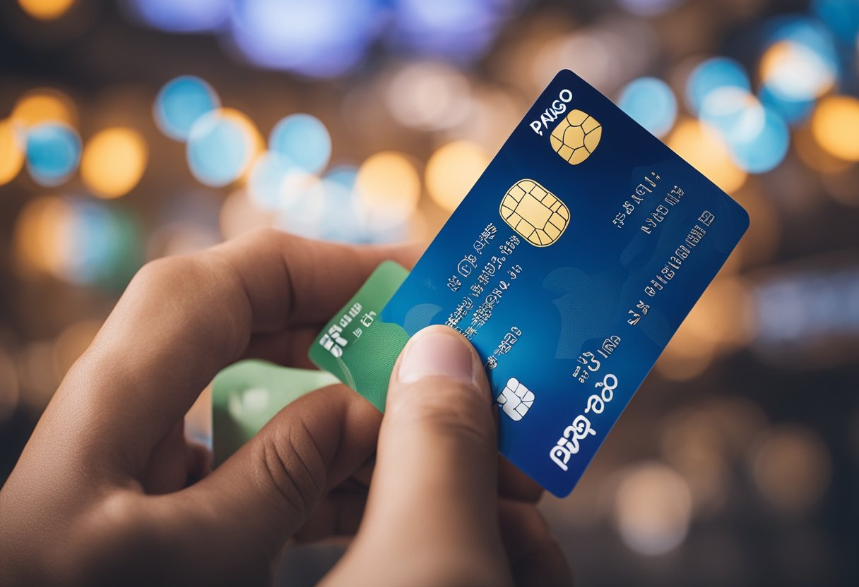 Uma mão segurando um cartão do Mercado Pago com símbolos internacionais, cercada por símbolos de moeda global e ícones de pagamento digital