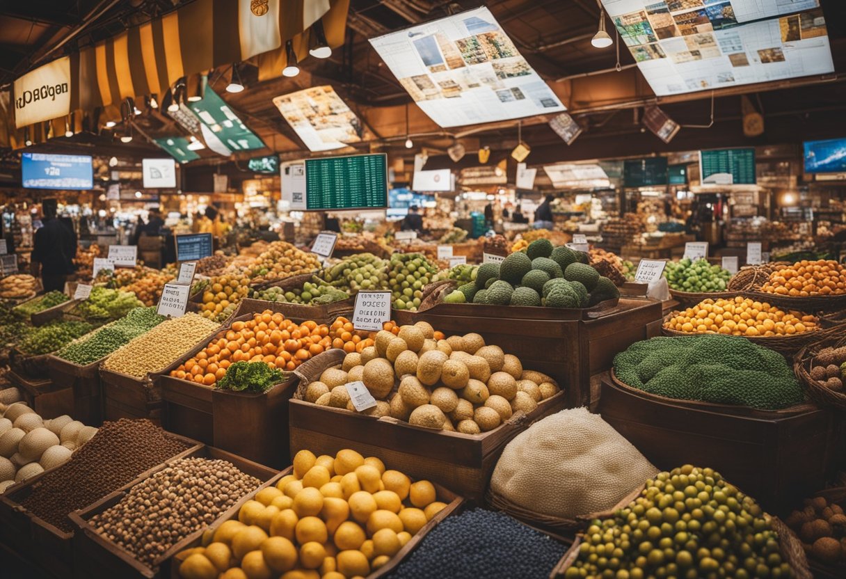 Um mercado vibrante com produtos diversos e um globo simbolizando o uso internacional