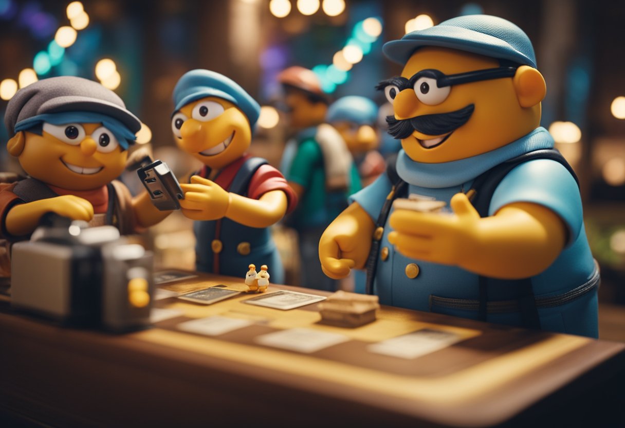 A cena mostra os personagens da 'Turma da Mônica' trocando e usando seu 'Cartão Mesada' para várias atividades.