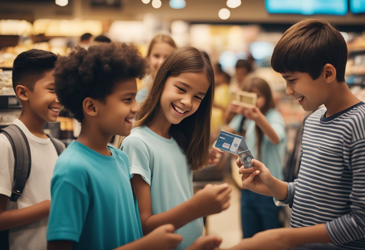 Um grupo de crianças e adolescentes felizes usando seus cartões de mesada da Turma da Mônica para fazer compras em várias lojas.