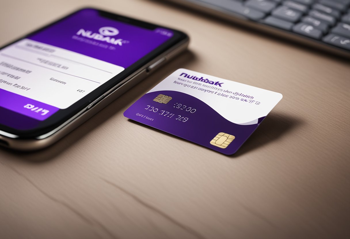 Um cartão do Nubank cancelado deitado sobre uma mesa, com um aviso de lembrete de pagamento ao lado e uma opção de reativação destacada no aplicativo.