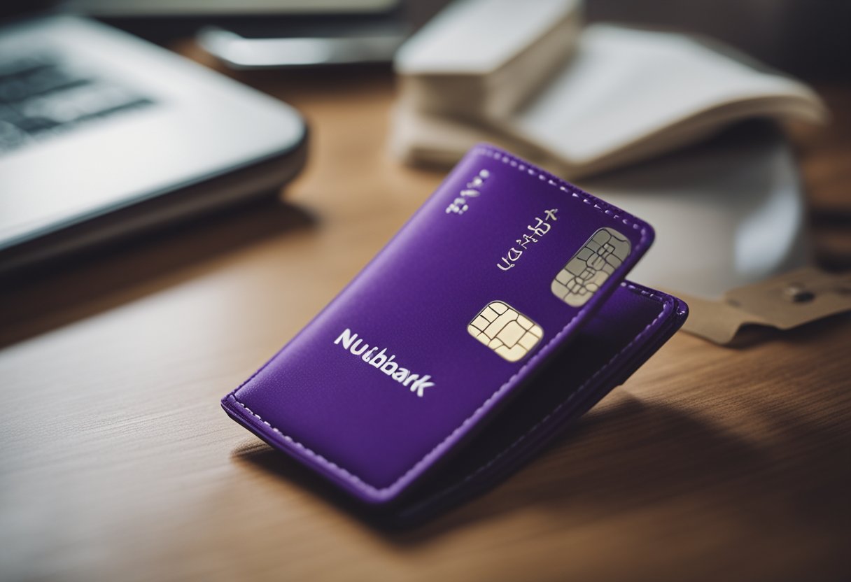 Um cartão Nubank cancelado sendo colocado de volta em uma carteira, cercado por lembretes de pagamento e um calendário