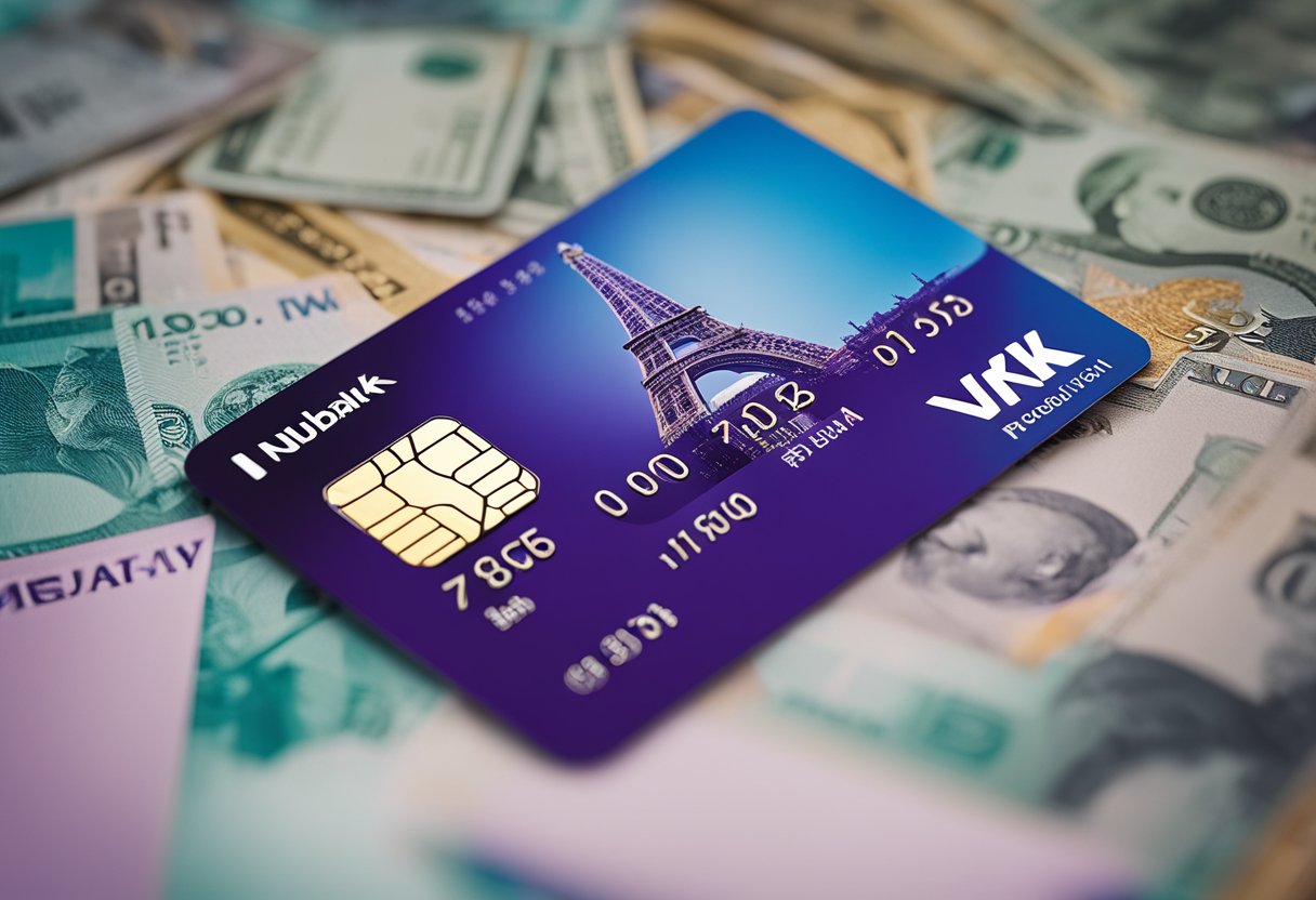 Um cartão de crédito Nubank cercado por pontos turísticos internacionais e moedas