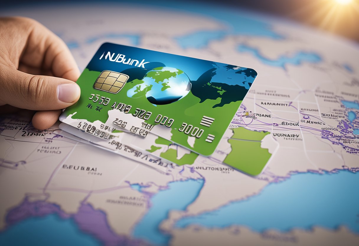 Um cartão Nubank voando sobre um mapa-múndi, com pontos turísticos internacionais ao fundo