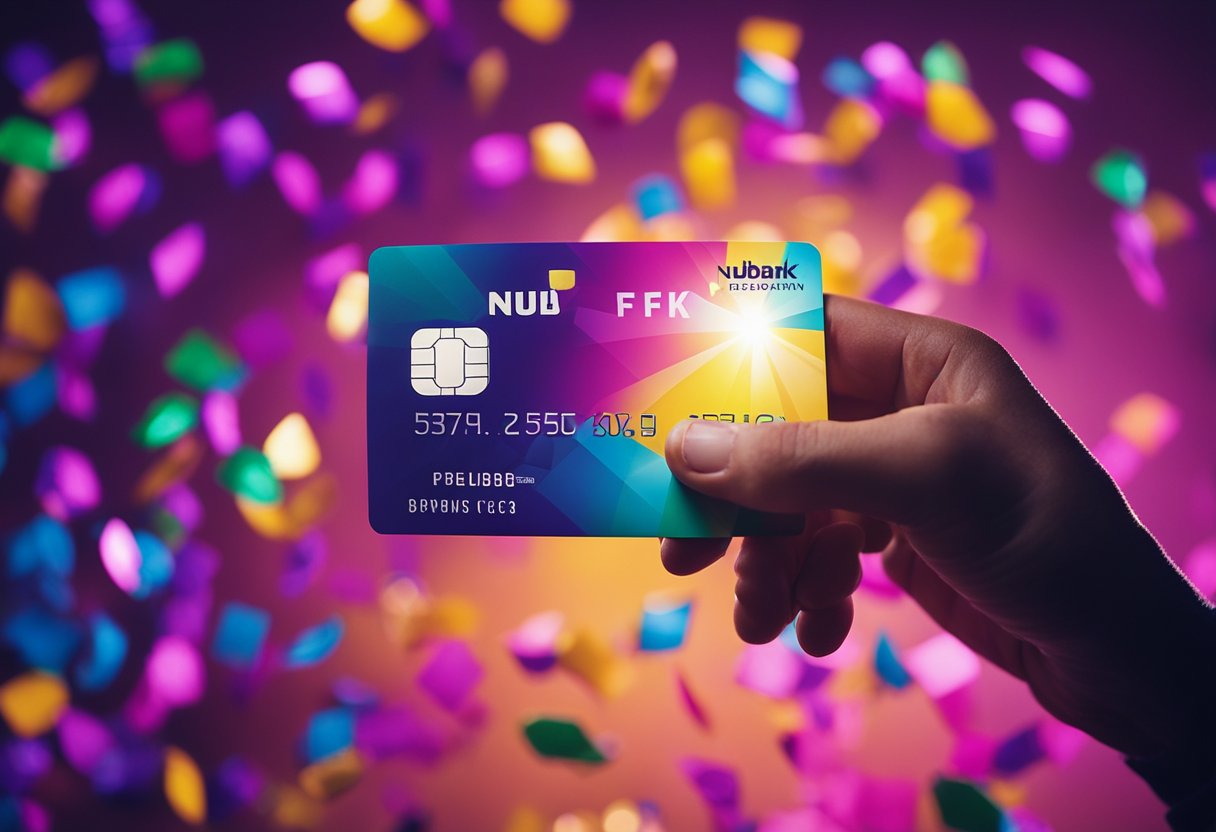 Uma pessoa segurando um cartão Nubank, cercada por confetes coloridos e com um holofote iluminando o cartão