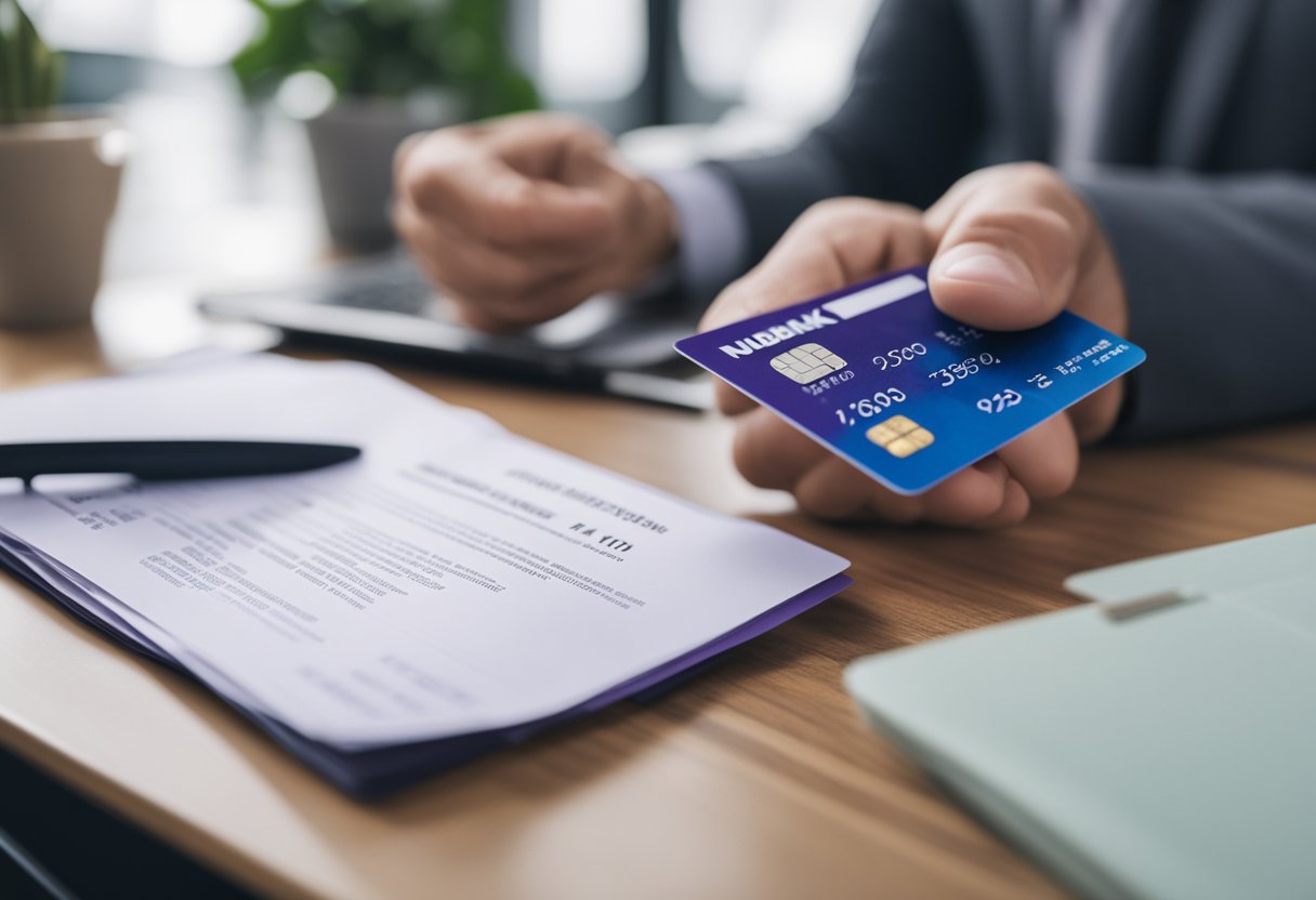 Uma pessoa com uma expressão de desaprovação olha para um pedido de empréstimo rejeitado enquanto segura um cartão Nubank. O fundo mostra estresse financeiro e preocupação.