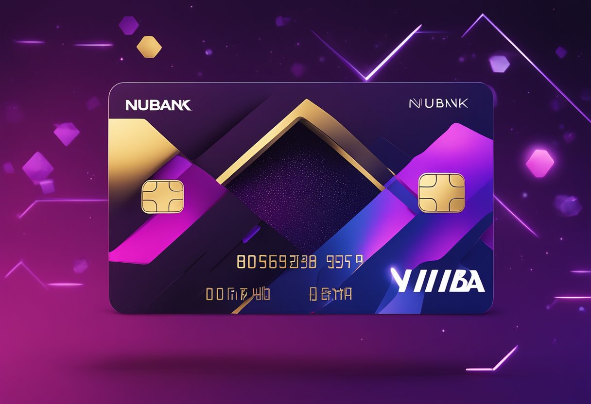 Um cartão Nubank para pessoas com crédito negativo, com um design ousado e moderno, cercado por símbolos financeiros e setas representando oportunidade e progresso.