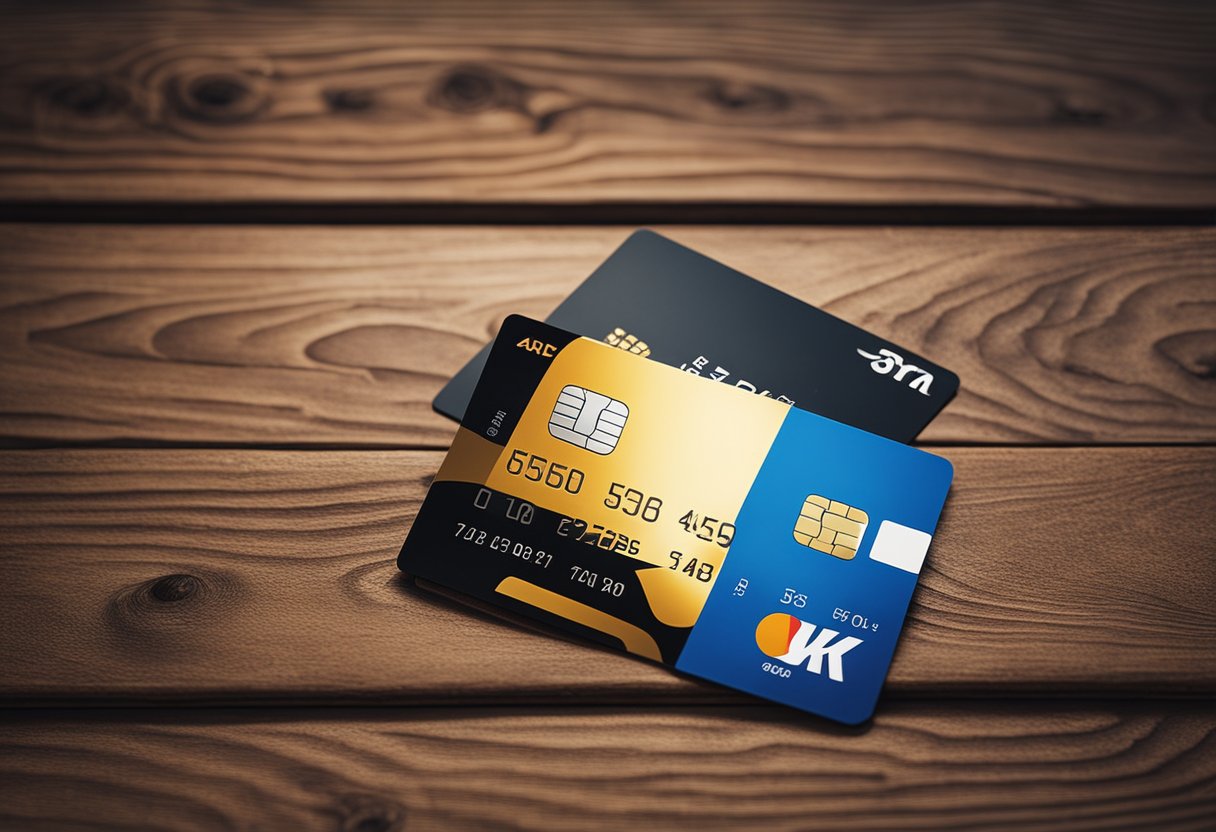 Um cartão de crédito e débito em cima de uma mesa de madeira