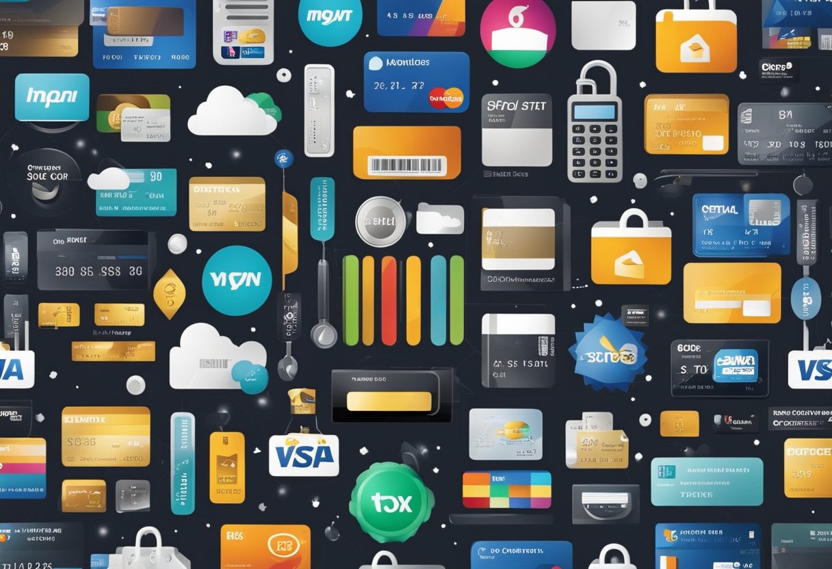 Uma variedade colorida de produtos e serviços em torno de um cartão de crédito ou débito Pan, simbolizando os benefícios e vantagens oferecidos aos clientes.
