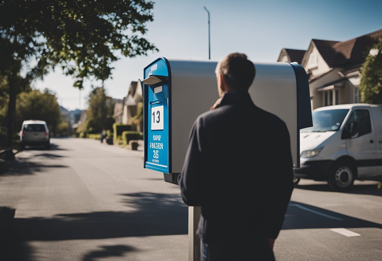 Uma pessoa verifica ansiosamente sua caixa de correio vazia em busca de um cartão Pan que está faltando, enquanto um caminhão de entrega passa ao fundo.