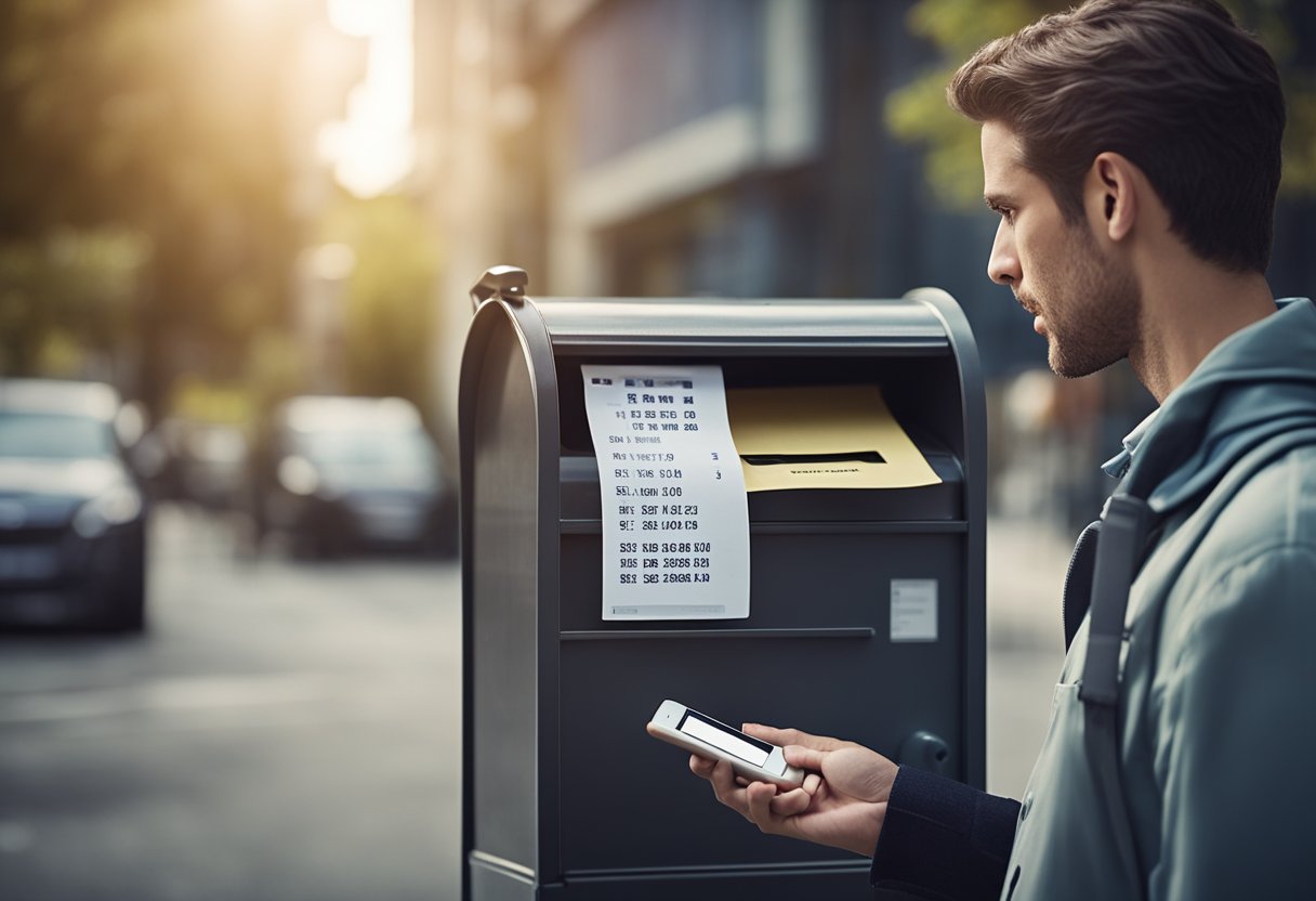 Uma pessoa olhando para uma caixa de correio vazia com uma expressão perplexa, enquanto segura um telefone com um número de atendimento ao cliente exibido na tela.