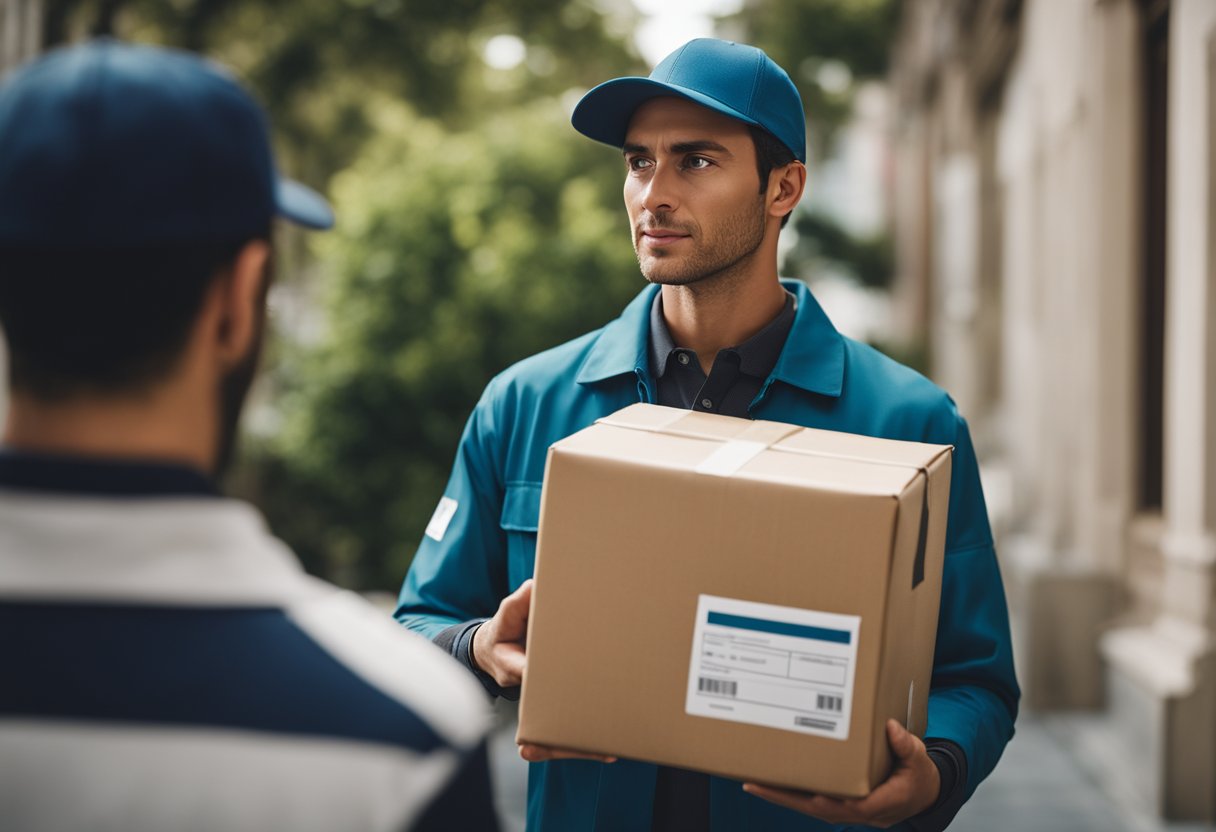 Uma pessoa de entrega segurando um pacote enquanto olha para uma pessoa confusa com uma expressão de desapontamento