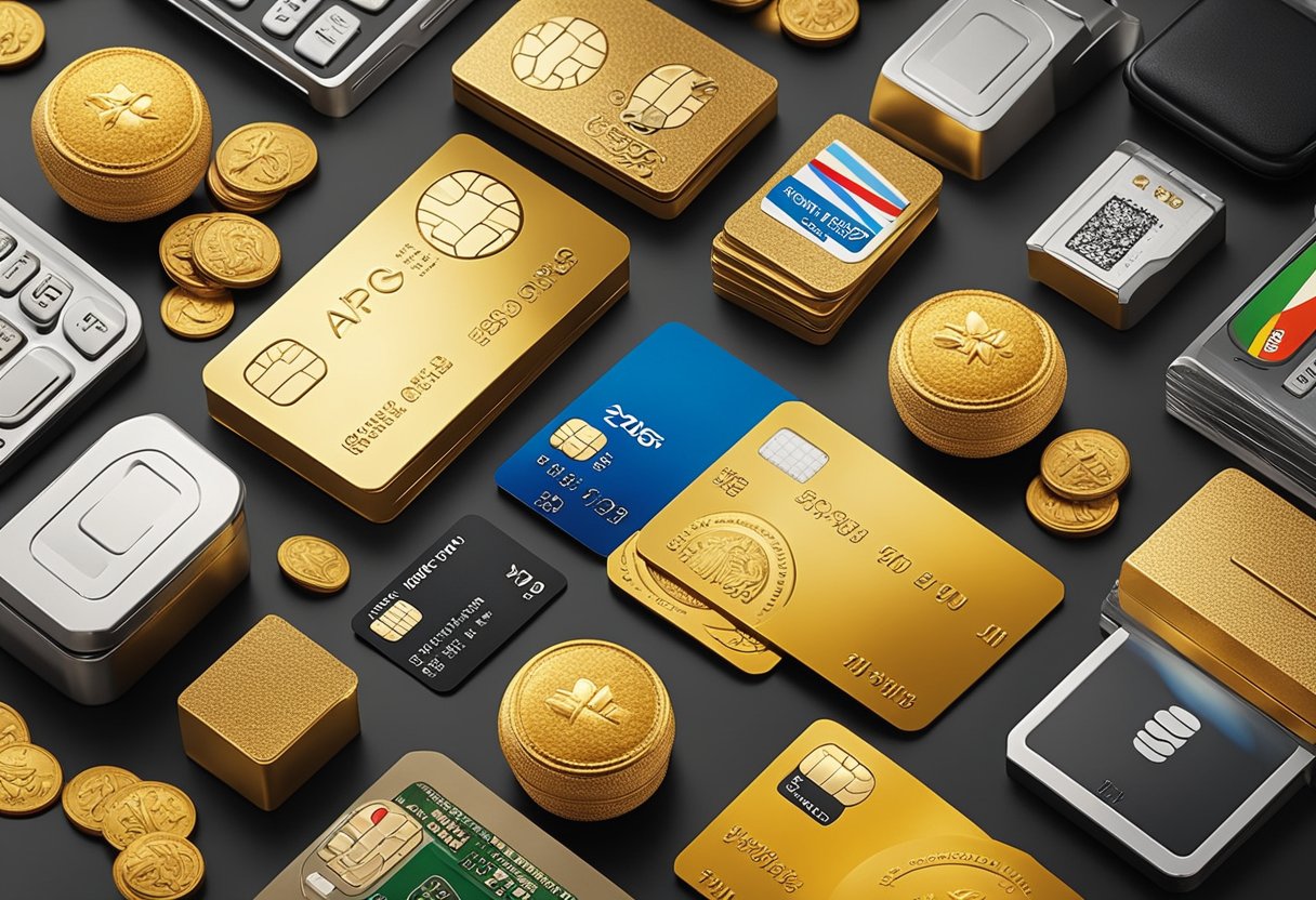 Uma vista aérea de um cartão de crédito Pão de Açúcar Gold cercado por vários itens que simbolizam os benefícios do cartão, como mantimentos, viagens e entretenimento.