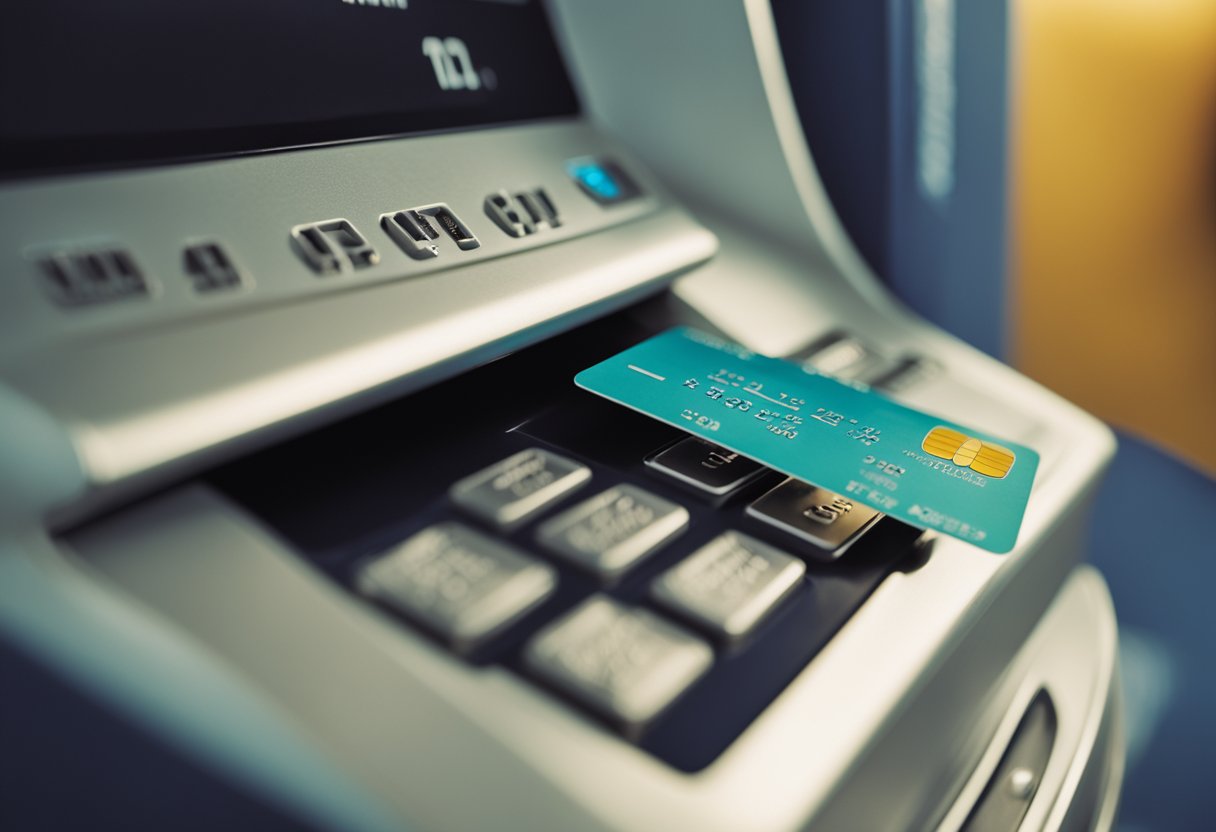 Um cartão bancário Pernambucanas sendo inserido em um caixa eletrônico