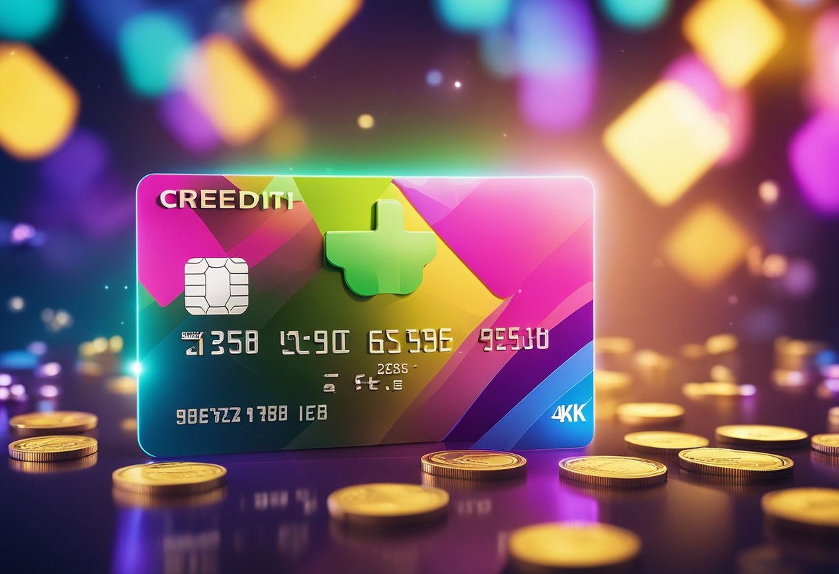 Um cartão de crédito colorido e vibrante cercado por símbolos de dinheiro flutuantes e um holofote brilhante iluminando-o