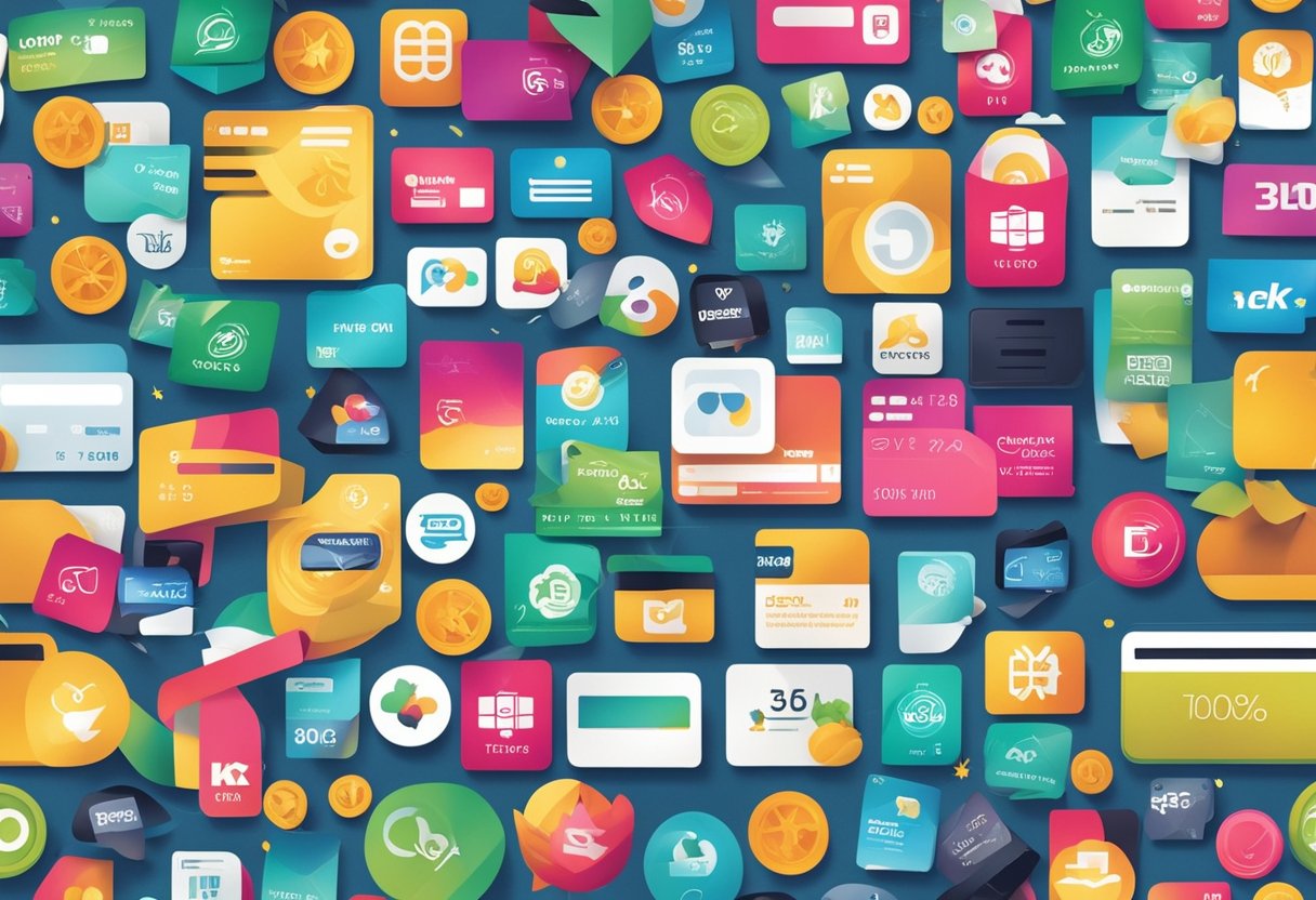 Uma ilustração colorida e vibrante de um cartão PicPay sem taxa anual, cercado por ícones e símbolos de pagamento digital.