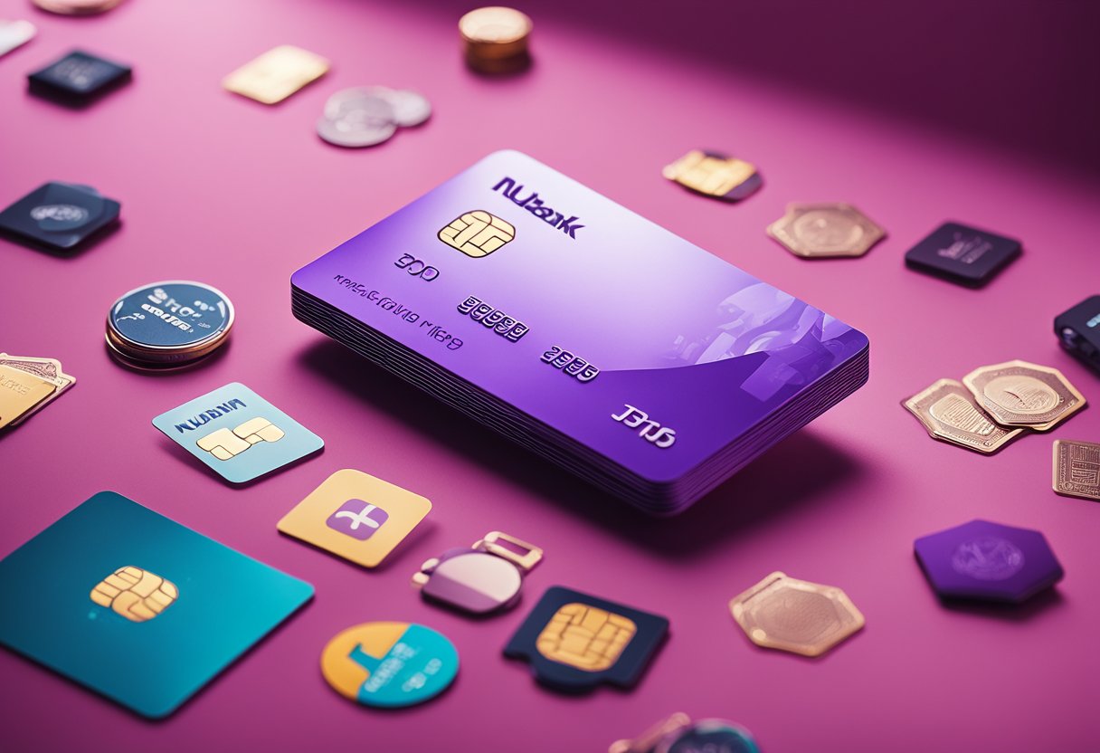 Um elegante cartão premium do Nubank cercado por ícones representando vários benefícios e vantagens
