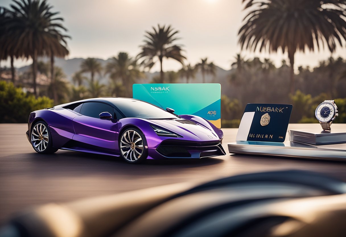 Um elegante cartão Nubank Premium cercado por itens luxuosos como um carro esportivo, um relógio de grife e destinos de férias exóticos.