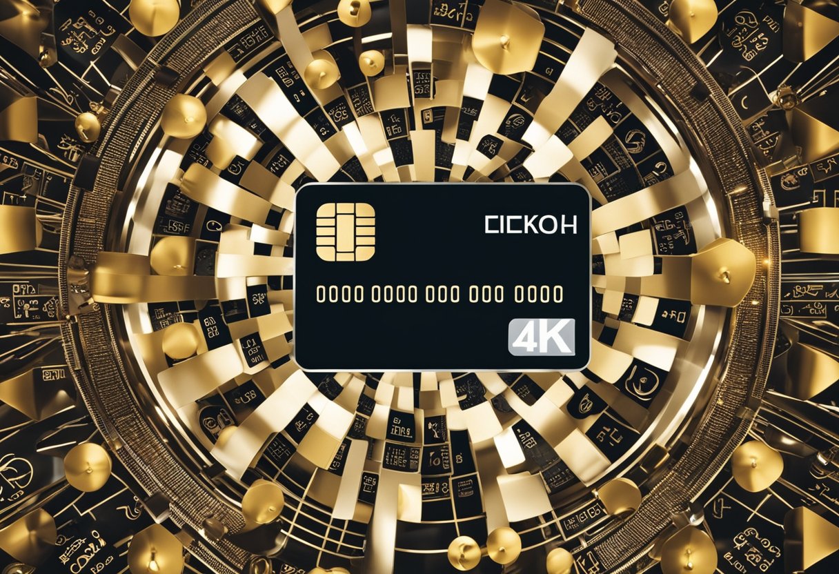 Um cartão de crédito luxuoso cercado por símbolos de benefícios e vantagens exclusivas