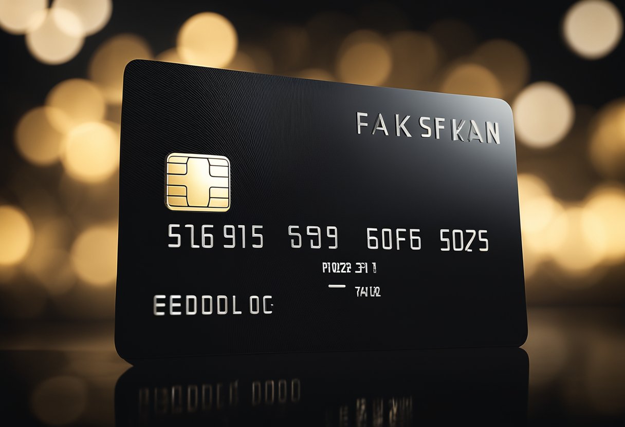 Um elegante cartão de crédito preto em pé contra um fundo escuro, com um holofote iluminando-o para criar uma sensação dramática e luxuosa.