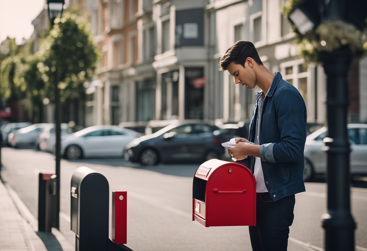 Uma pessoa espera ao lado de sua caixa de correio, parecendo frustrada enquanto verifica por um cartão do Santander que ainda não chegou.