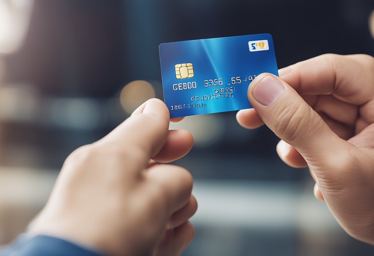 Uma mão segurando um cartão Superdigital, com um símbolo de crédito e débito acima dele