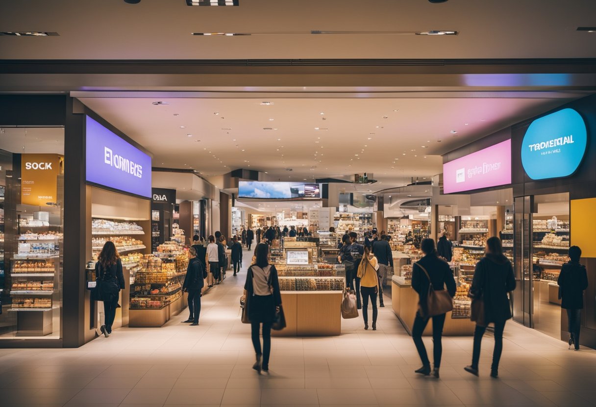 Um shopping colorido com uma exibição proeminente de cartões Torra Torra, cercado por clientes ansiosos e funcionários prestativos.