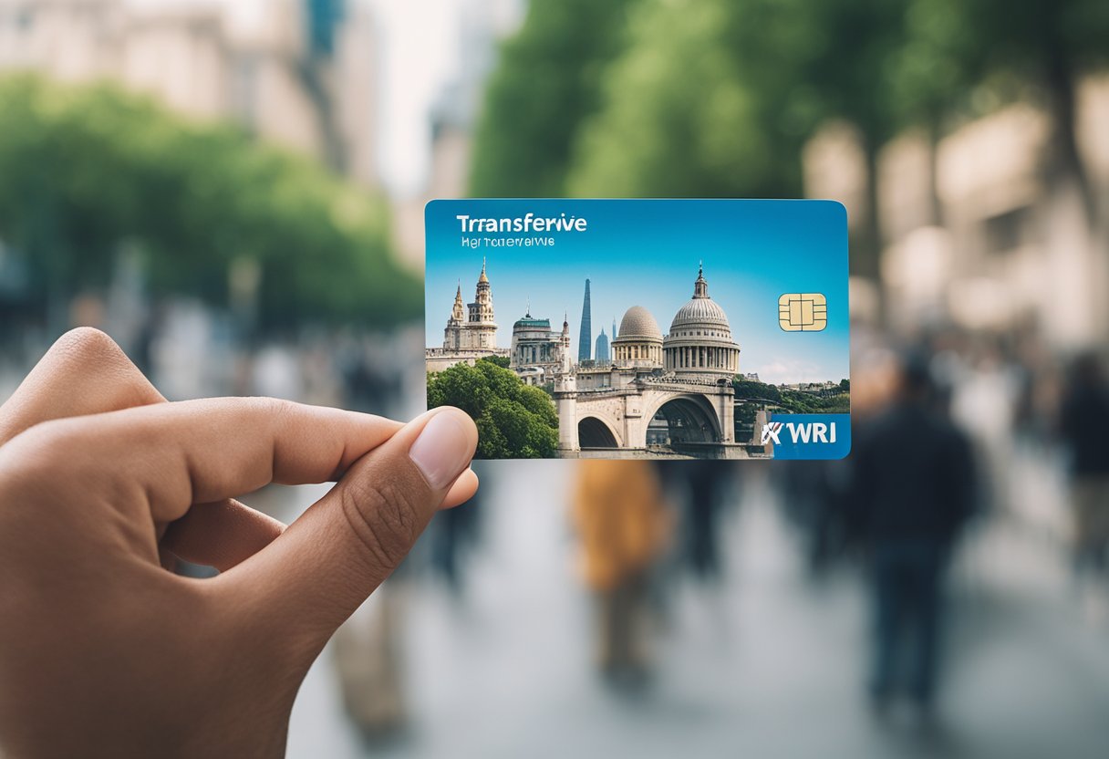 Uma mão segurando um cartão TransferWise com um fundo de marcos internacionais