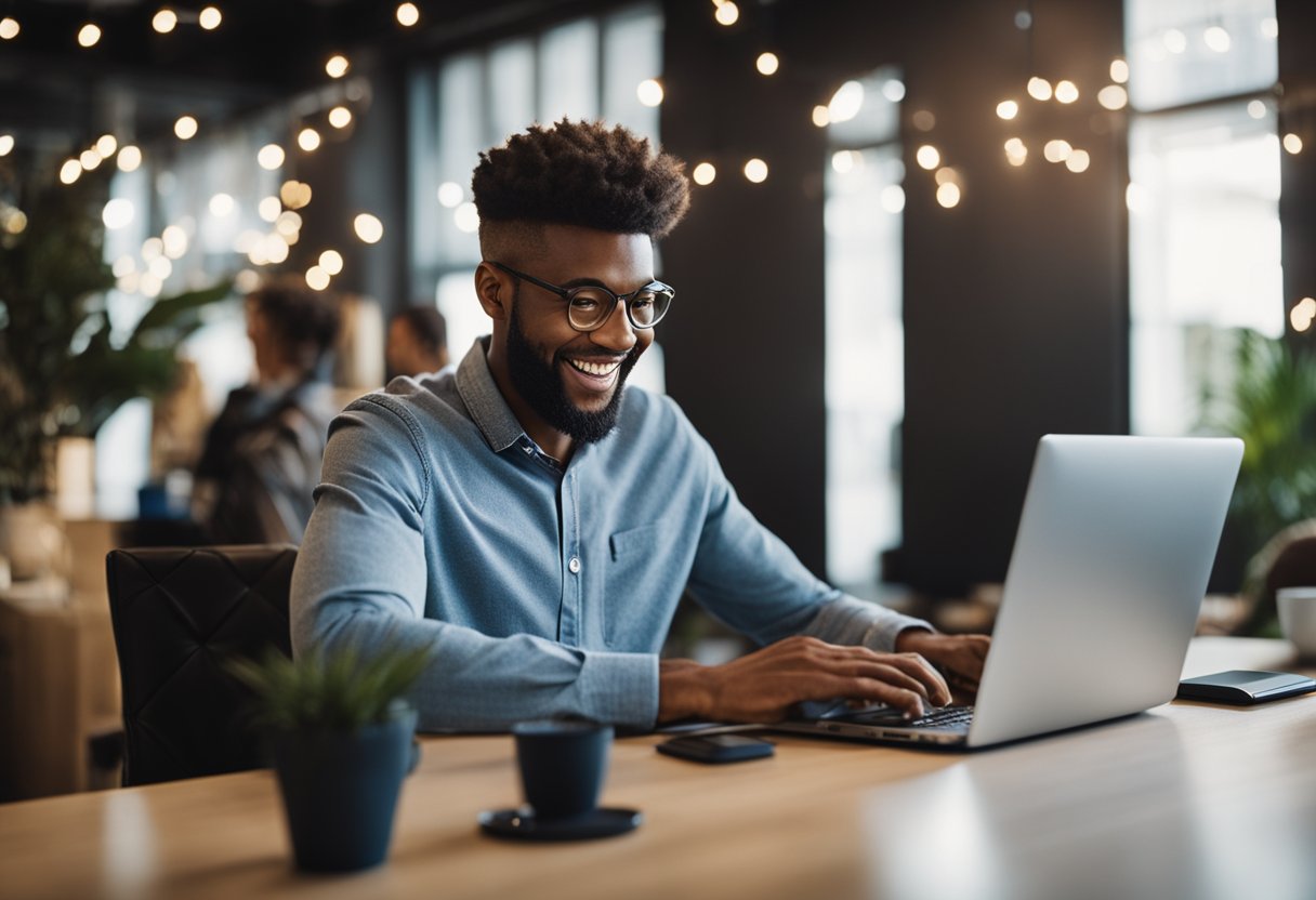 Uma pessoa usando um computador para se inscrever para um cartão TransferWise online, com uma expressão feliz.
