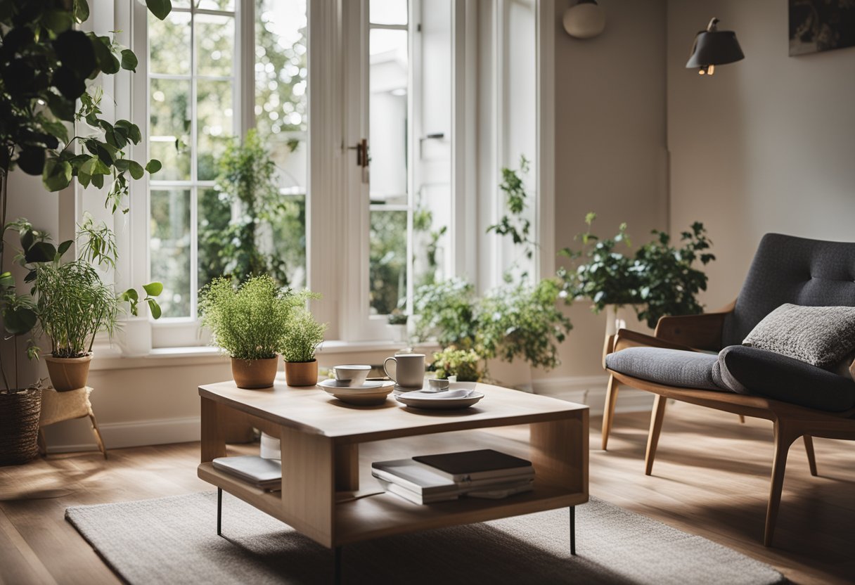 Uma sala de estar aconchegante com uma mesa, cadeira e uma grande janela com vista para um jardim