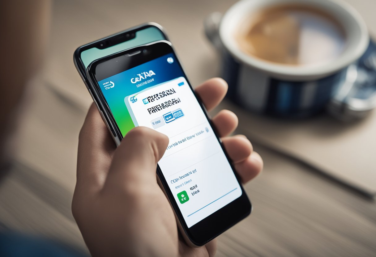 Um smartphone exibindo uma mensagem de erro com o logo do cartão virtual Caixa Tem, enquanto uma pessoa frustrada olha para a tela.