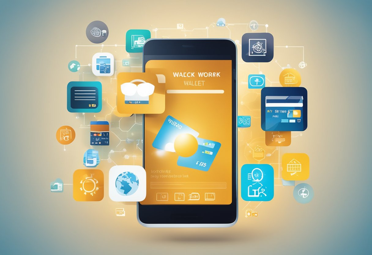 Uma carteira digital com vários ícones e símbolos relacionados ao trabalho flutuando acima da tela de um smartphone, representando o conceito de um visto de trabalho digital em 2025.