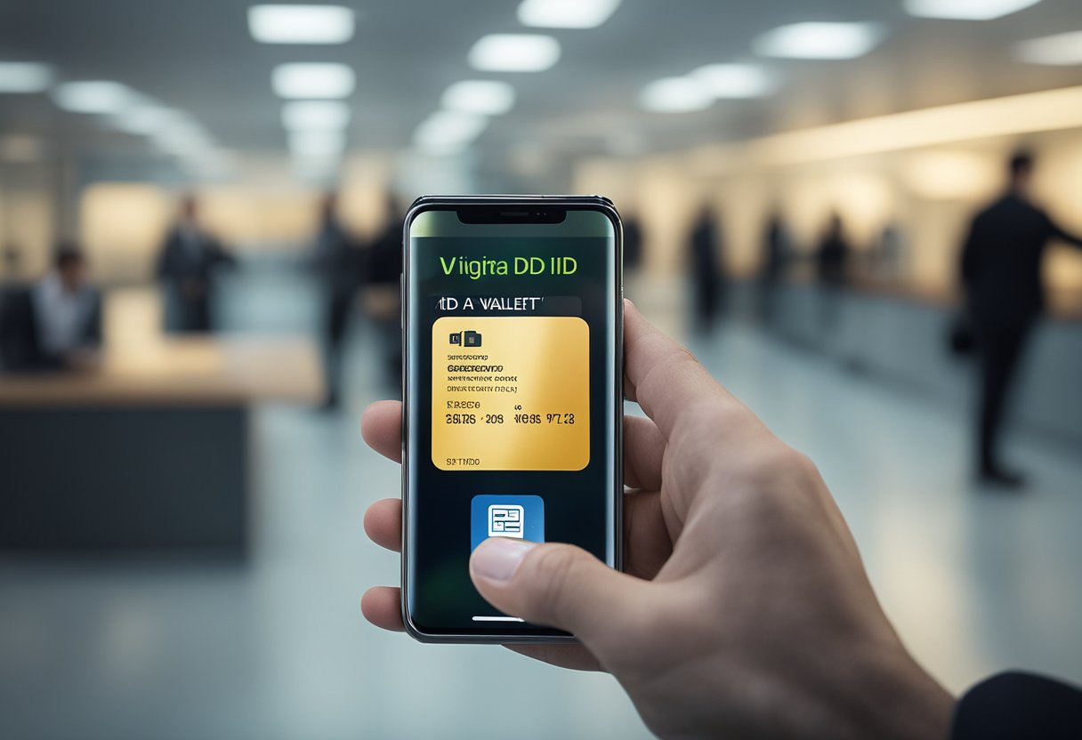 Um smartphone exibindo o aplicativo de identificação digital com uma carteira virtual e histórico de emprego, em um fundo de escritório moderno.