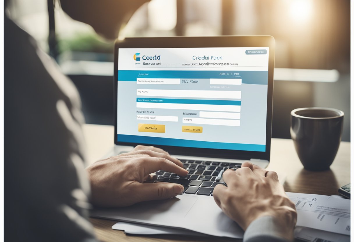 Uma pessoa preenchendo um formulário de solicitação de cartão de crédito Cecred online, com um computador e os detalhes do cartão prontos.