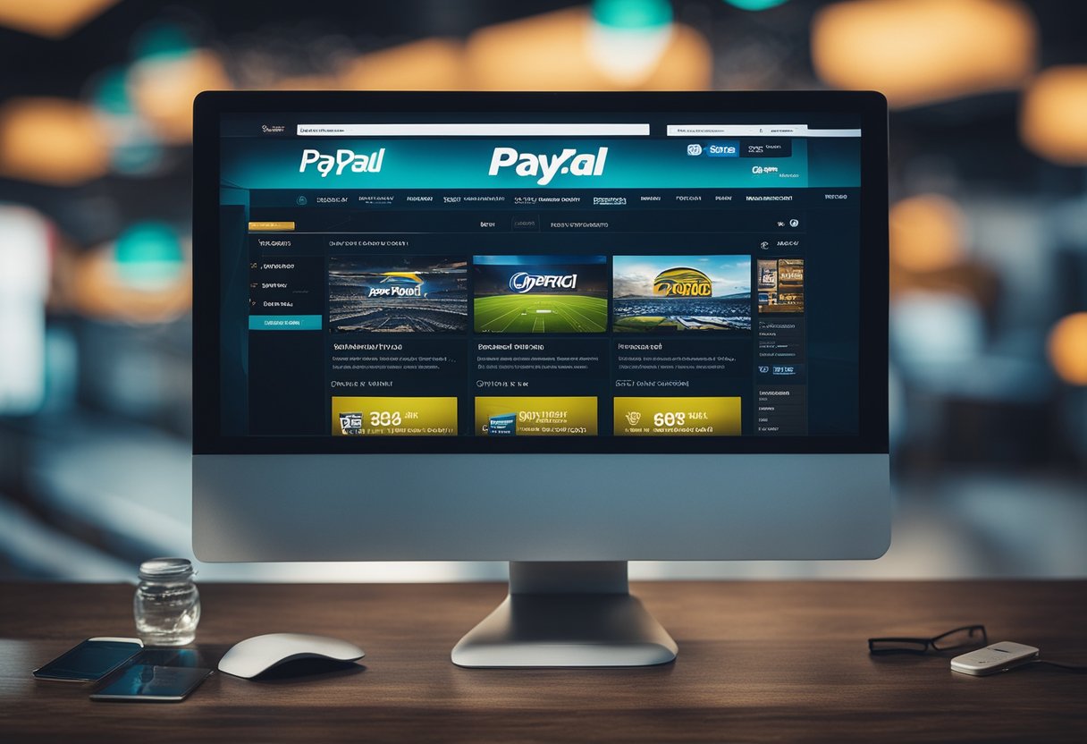 Uma tela de computador exibindo vários sites de apostas online com o logotipo do PayPal destacado como o método de pagamento preferido.