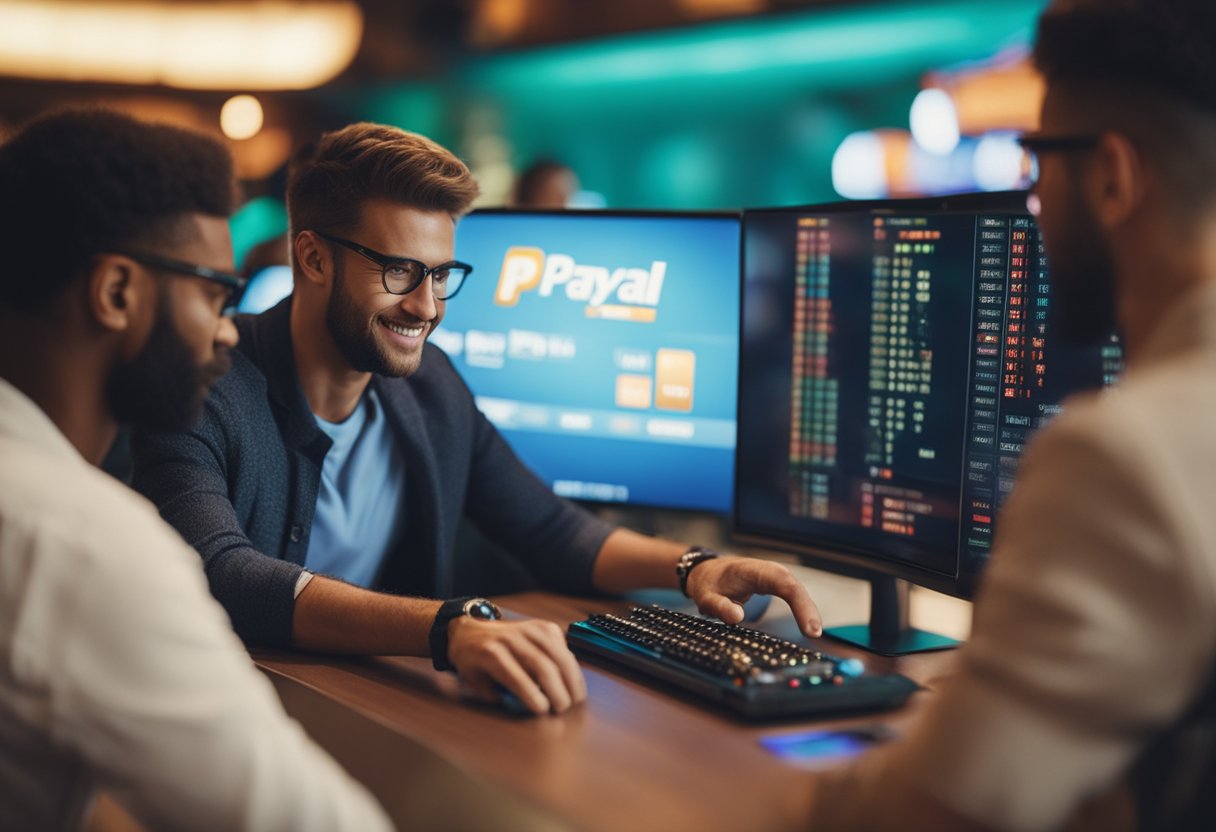 Um grupo de pessoas fazendo apostas online usando PayPal em uma casa de apostas virtual vibrante e emocionante